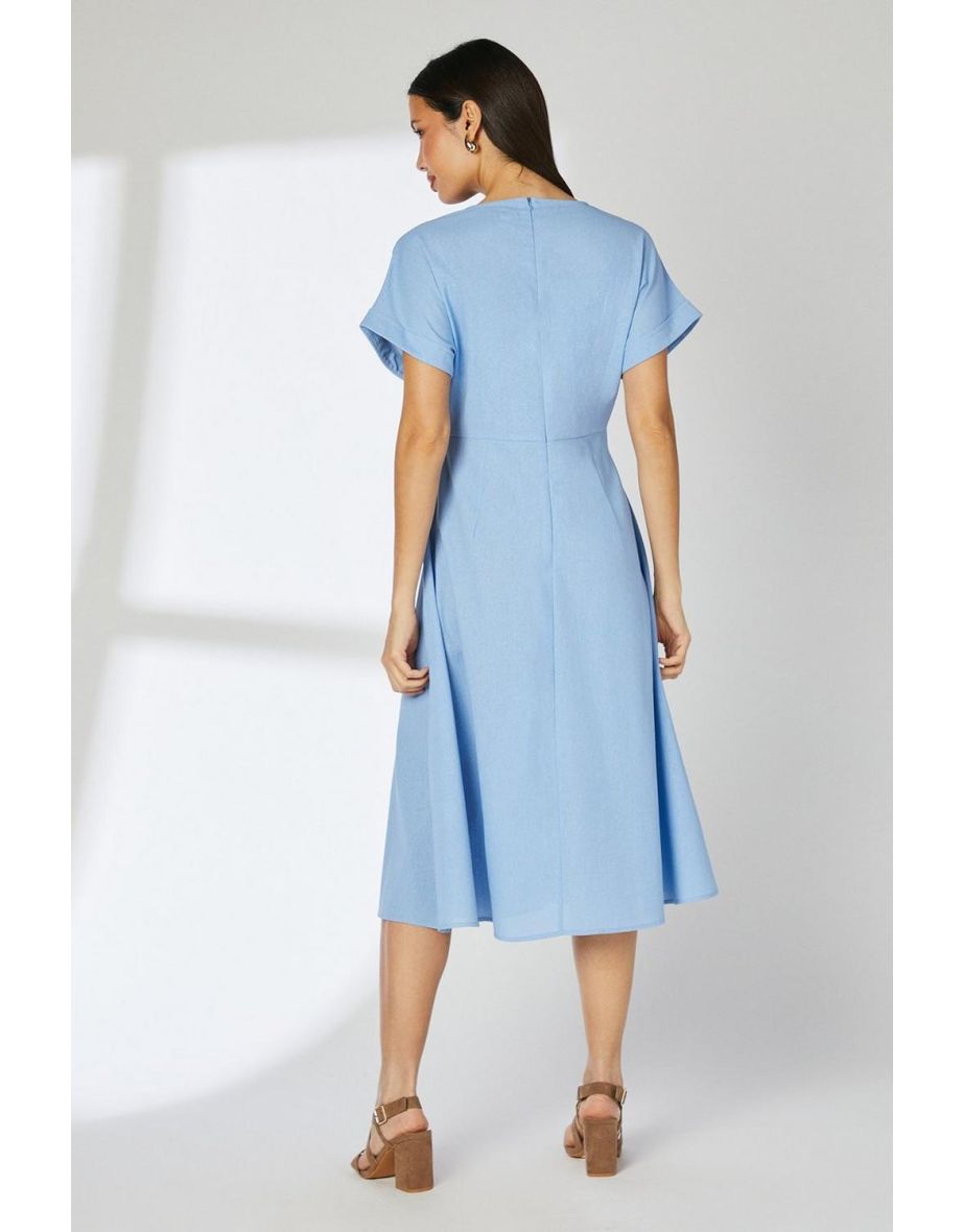 Blue Linen Blend Pleat Detail Midi Dress - 3