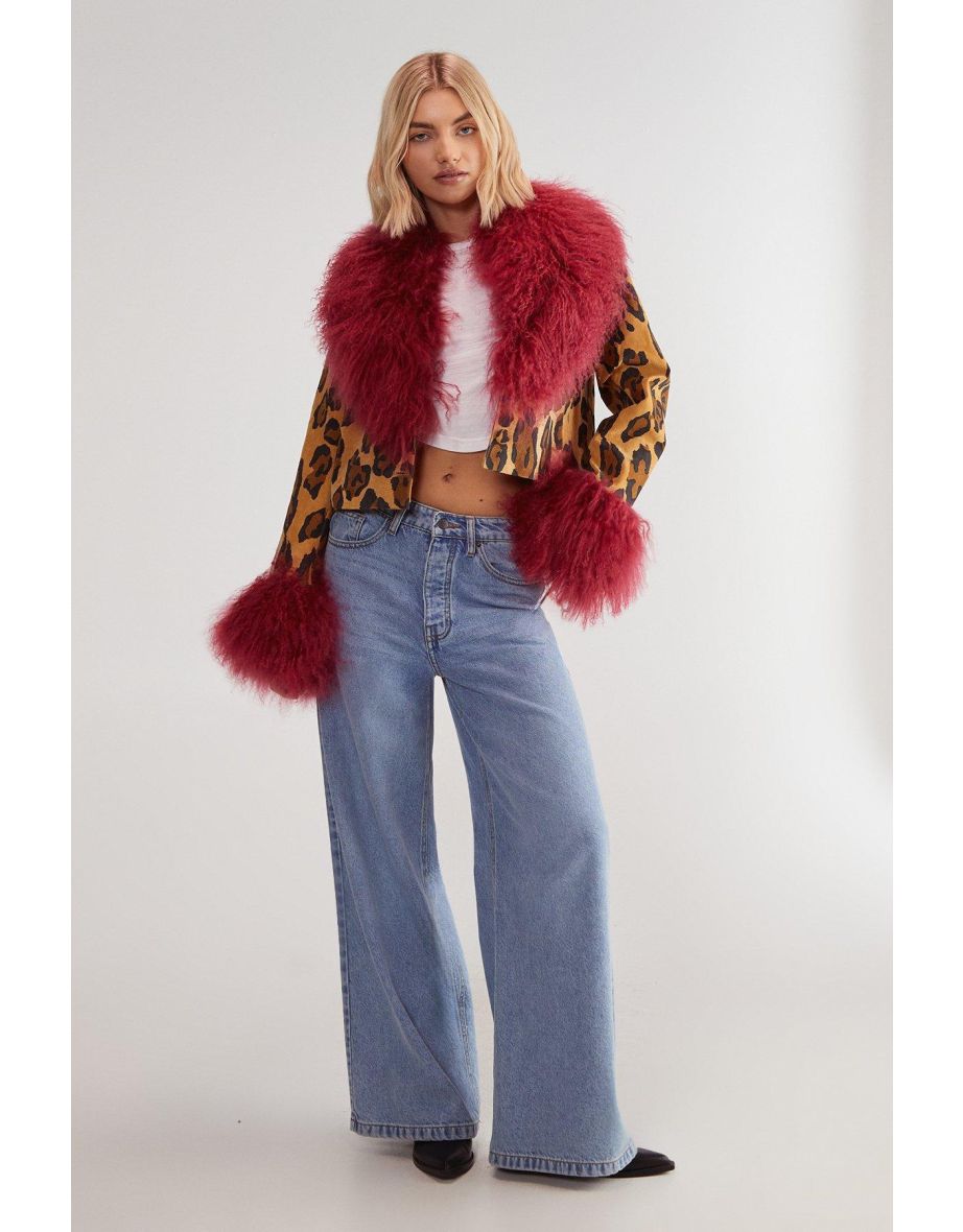 Limited Premium Leopard Suede and Shearling Short Coat