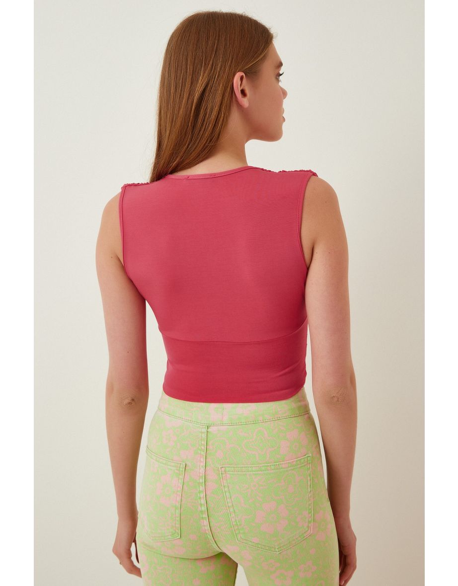 Women's Pink Deep V-Neck Crop Sandy Knitted Blouse - 3