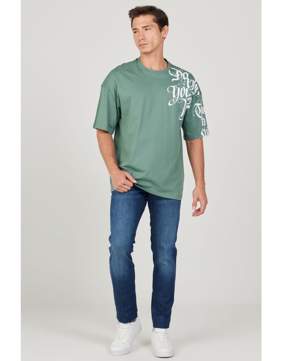 Men's Khaki Oversize Loose Fit Crew Neck 100% Cotton Printed Short Sleeve T-Shirt