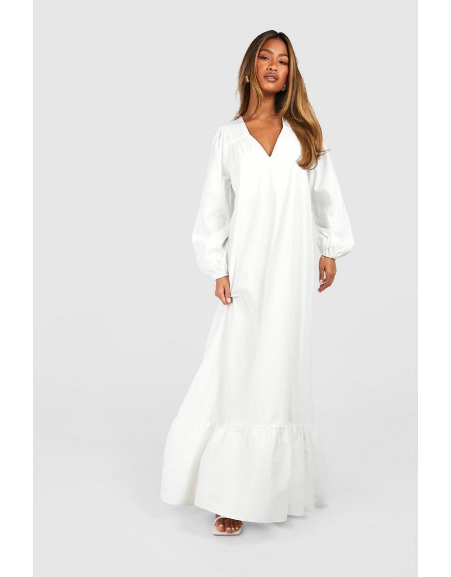 Poplin Blouson Sleeve Trapeze Maxi Dress - white