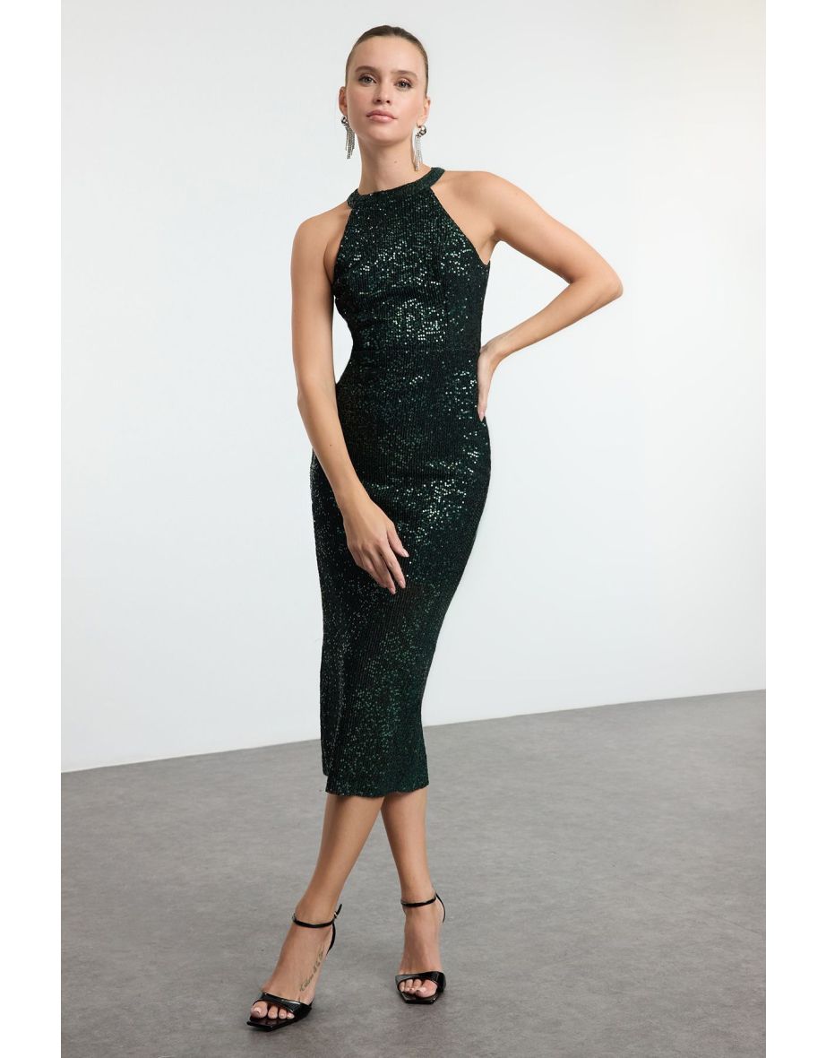 Emerald Green Fitted Knitted Lined Glitter Sequin Chic Evening Dress