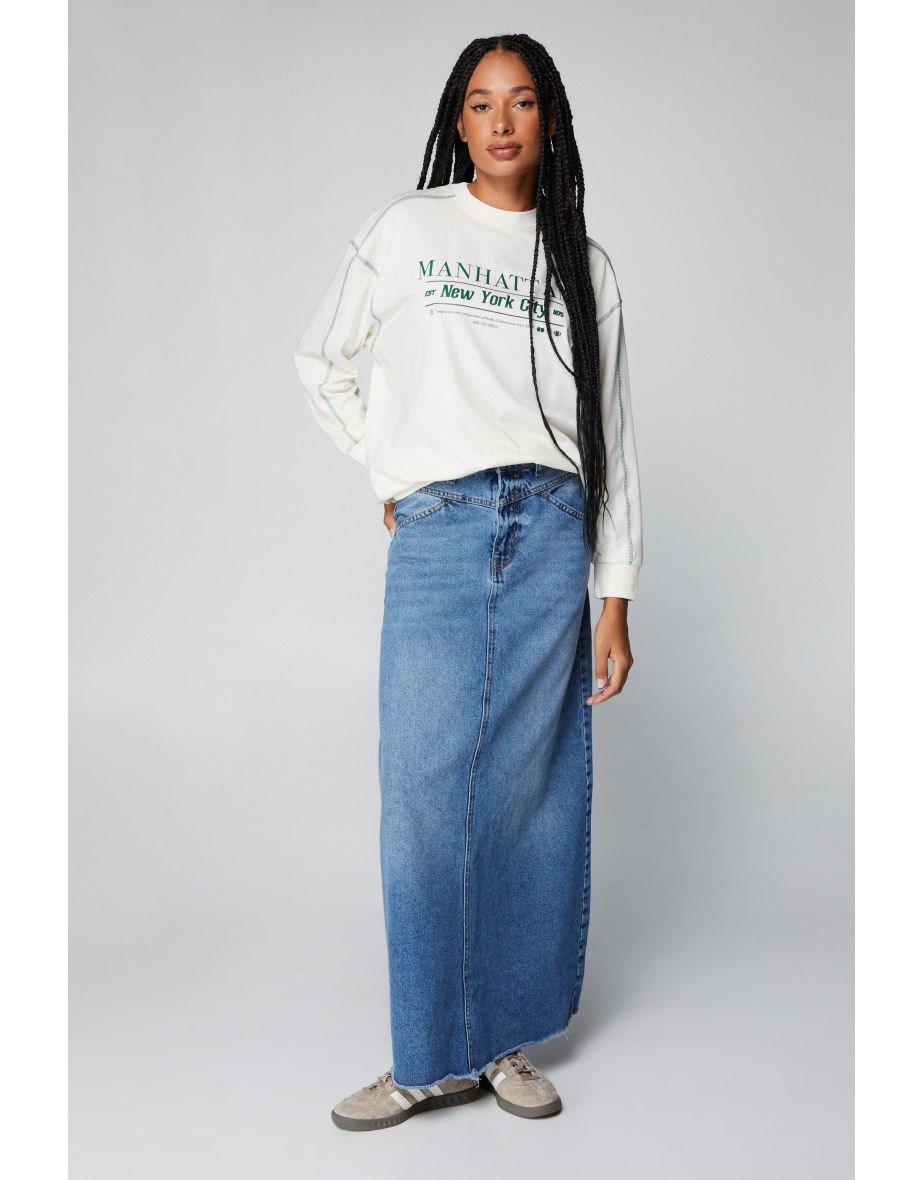 Frayed Hem Denim Maxi Skirt