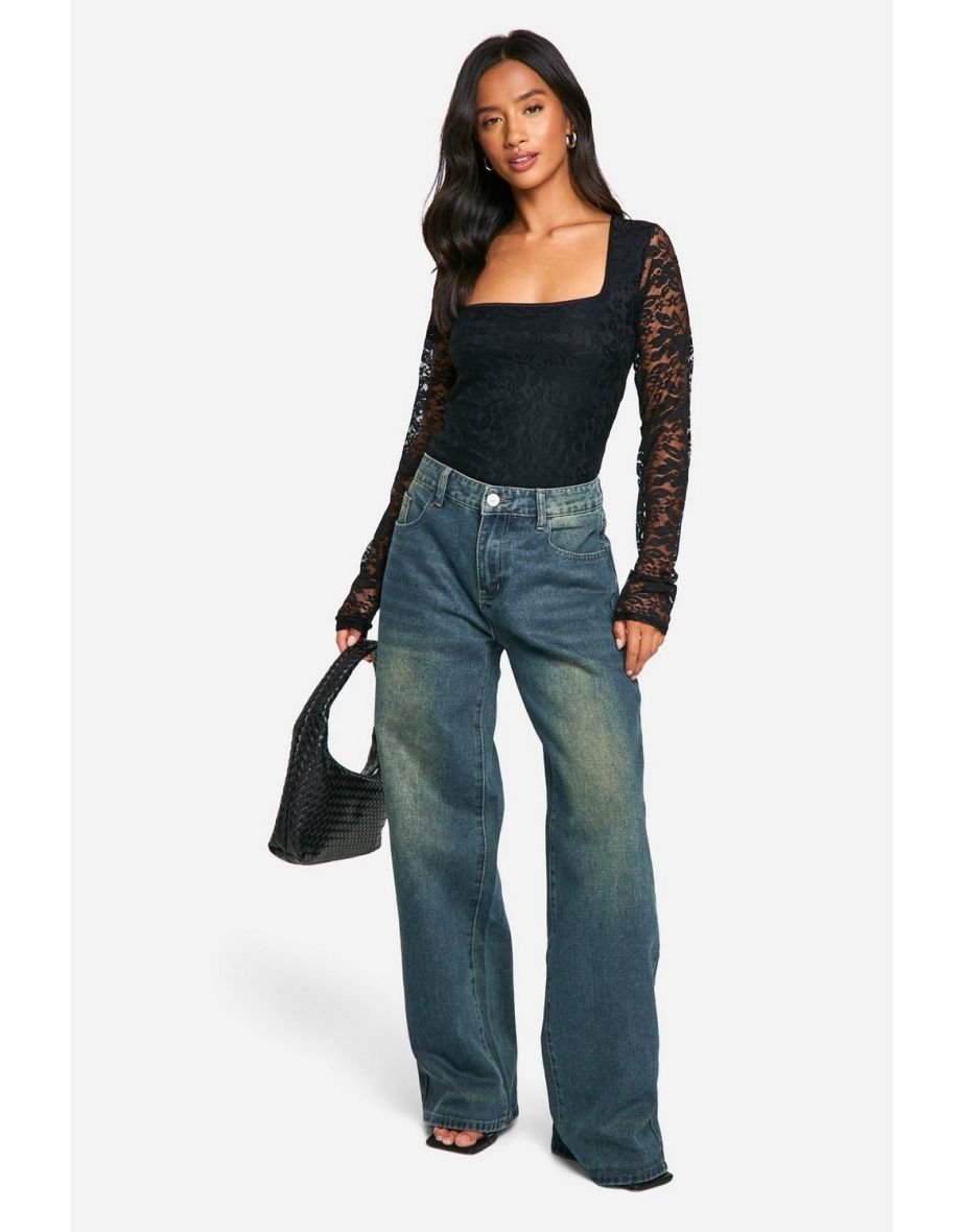Petite Lace Square Neck Bodysuit - black