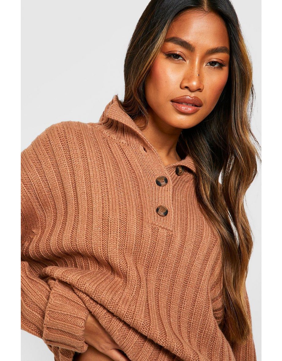 Polo Collar Knitted Jumper With Rolled Up Cuffs - camel - 3
