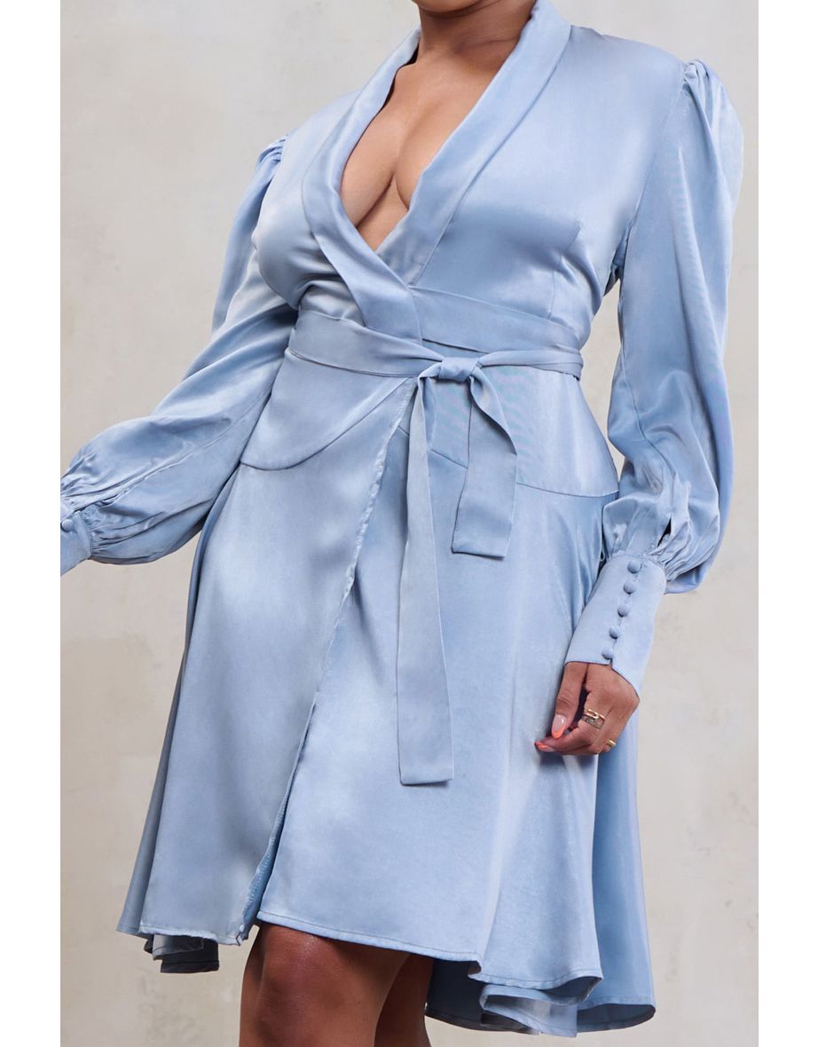 Curve Blue Satin Wrap Mini Dress