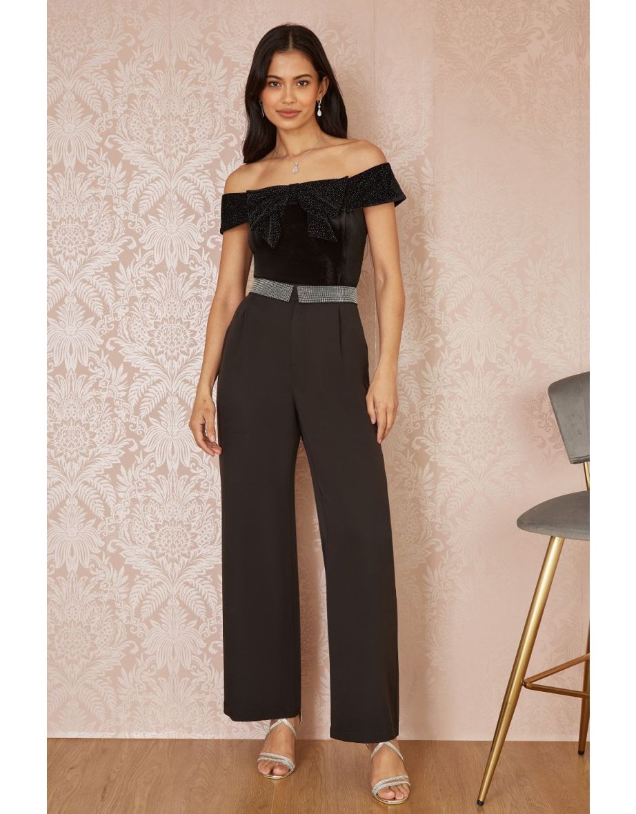 Mela Black Sparkle Black Velvet Bow Bardot Top