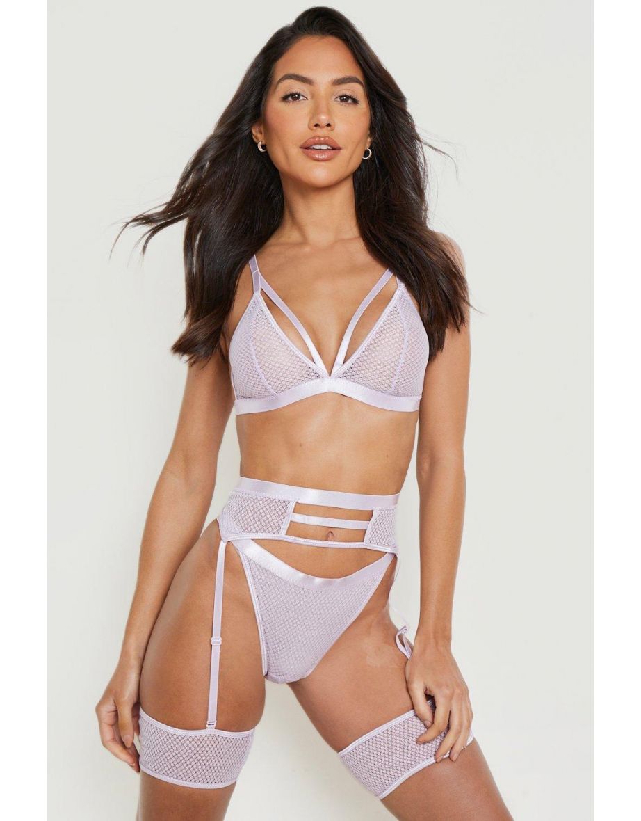 Mesh Strapping Bralet Thong and Suspender Set - lilac