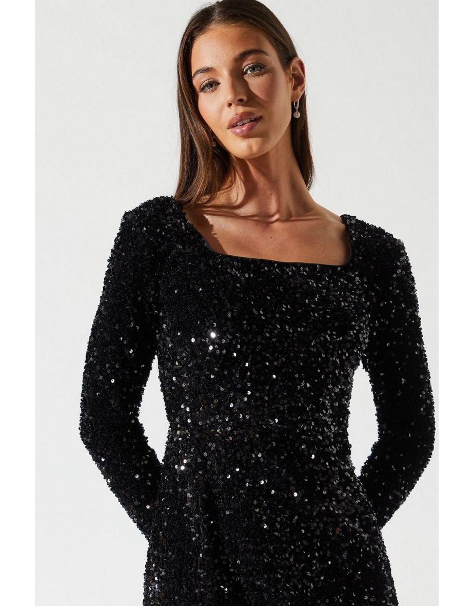 Square Neck Velvet Sequin Feather Hem Pencil Midi Dress - 3