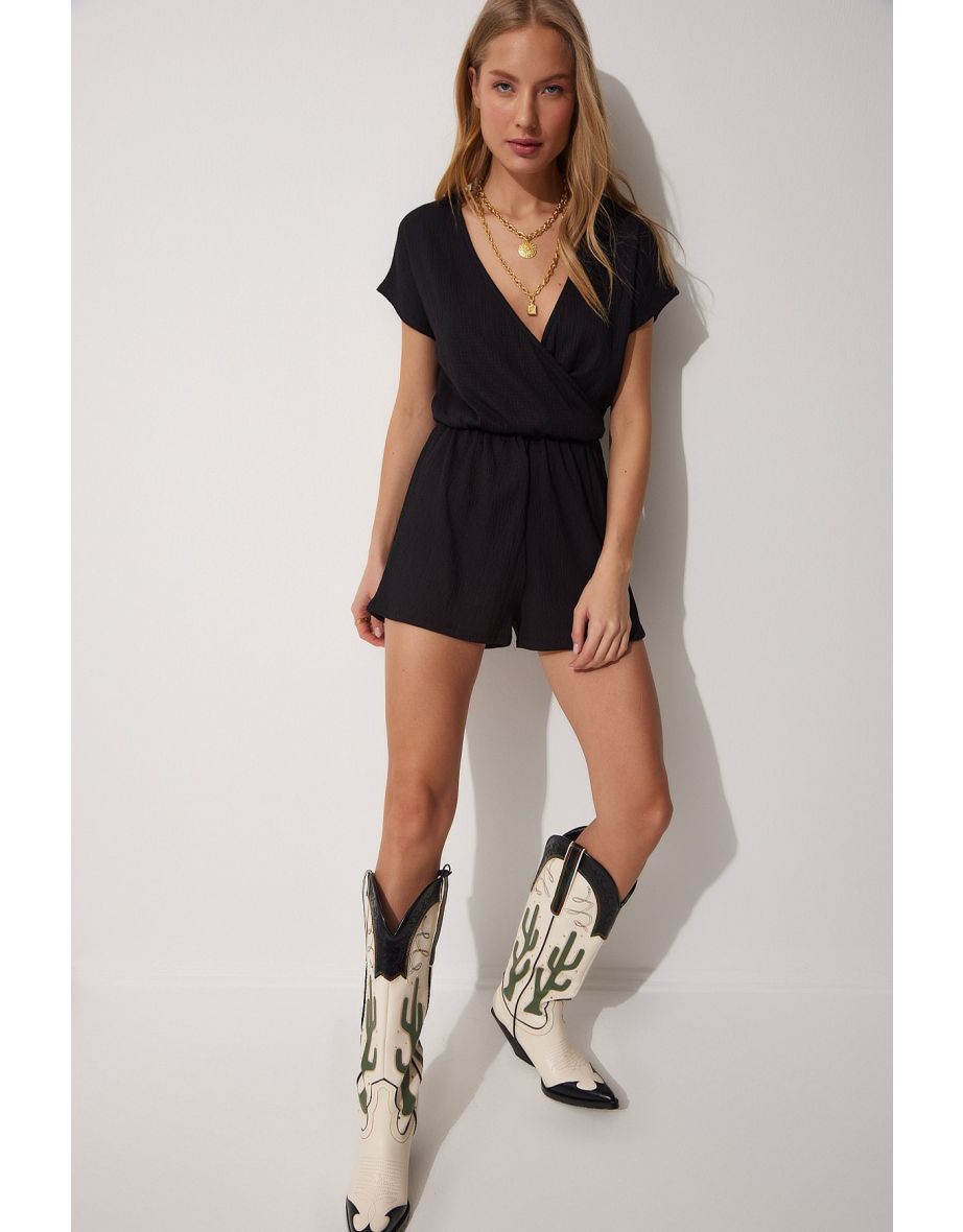 Women's Black Wrapped Collar Short Knitted Jumpsuit with Shorts