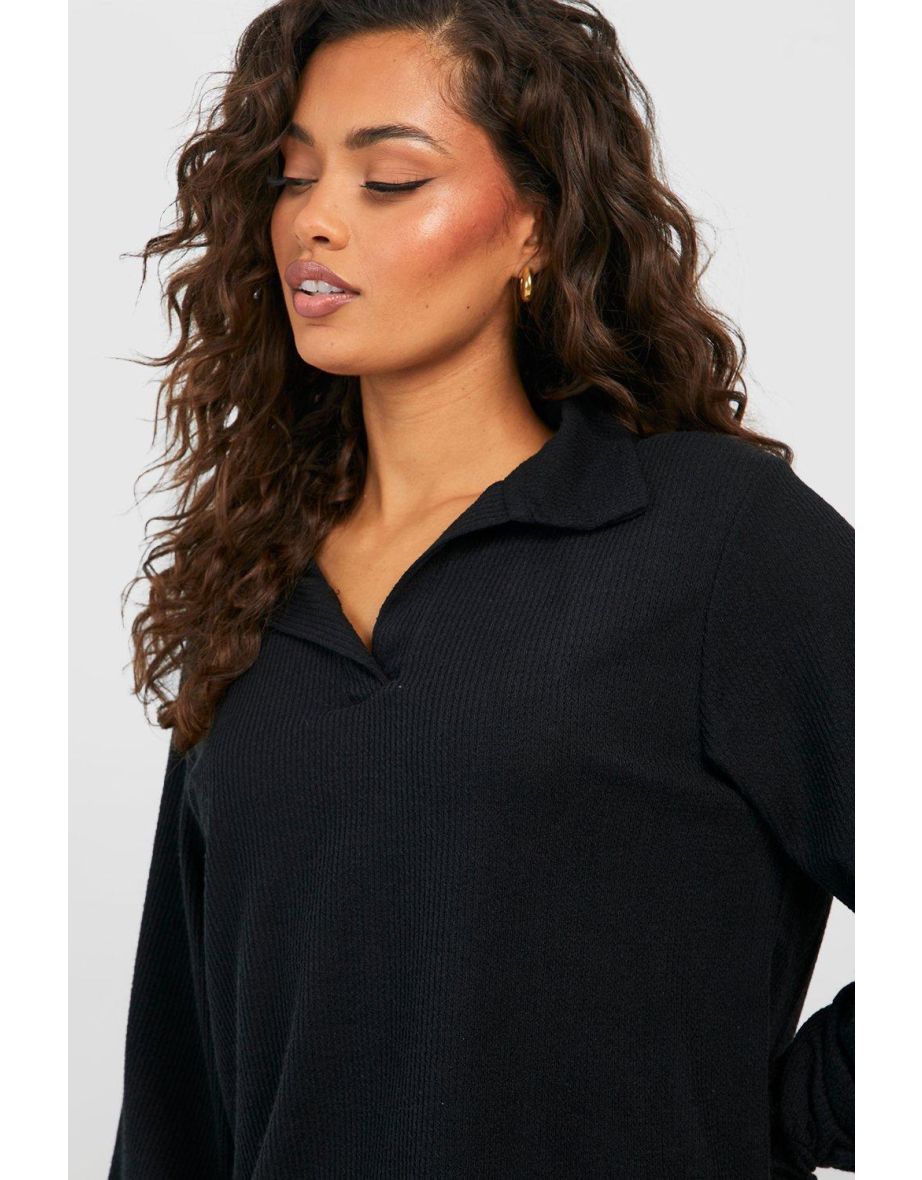 Ribbed Oversized Slouchy V Neck Top - black - 3