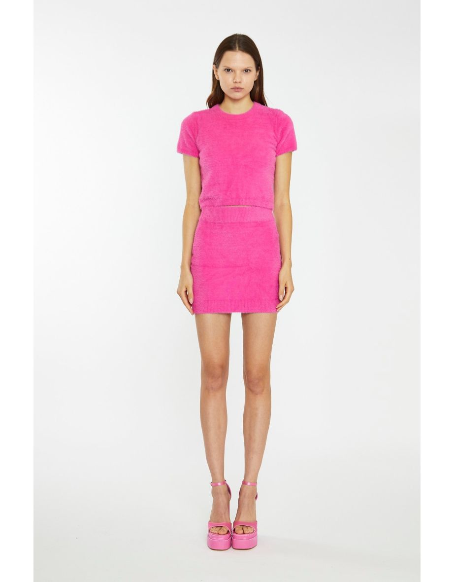 Hot Pink Short-Sleeve Knitted Crop-Top