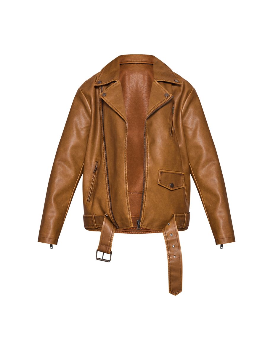 Petite Washed Brown Distressed Look Faux Leather Longline Biker Jacket - 4