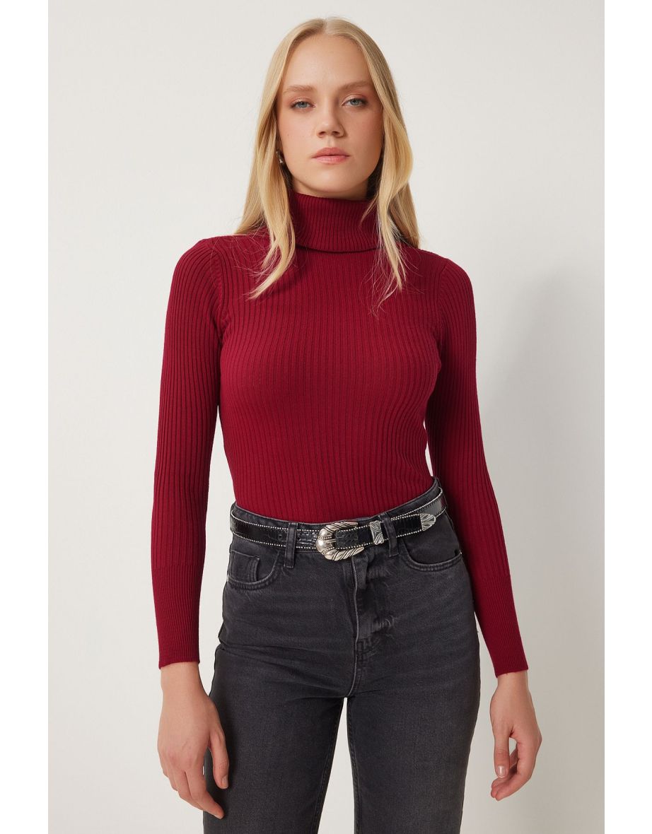 Women's Burgundy Turtleneck Corduroy Lycra Sweater