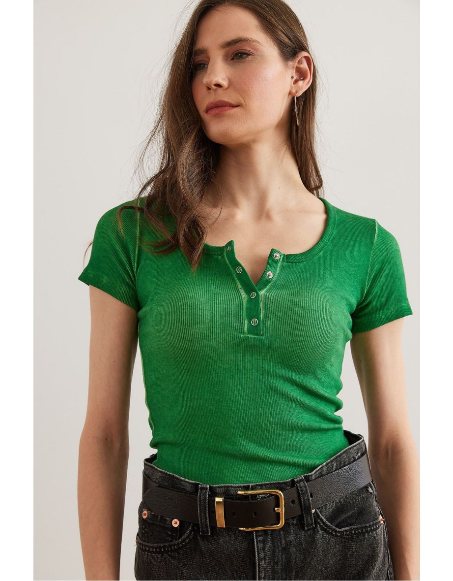 Women's Washed Green Snap Camisole Blouse - 5