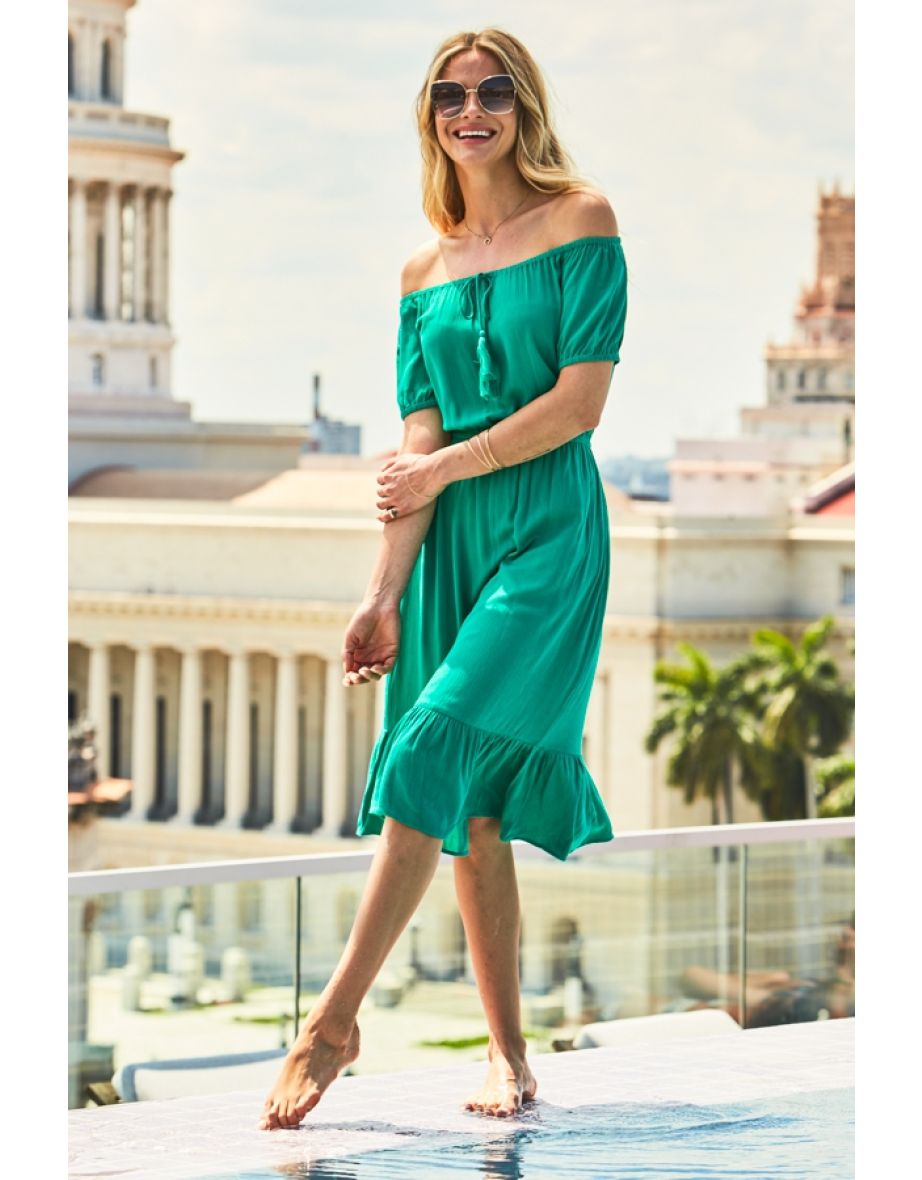 Emerald Green Bardot Tassel Detail Summer Dress - 4