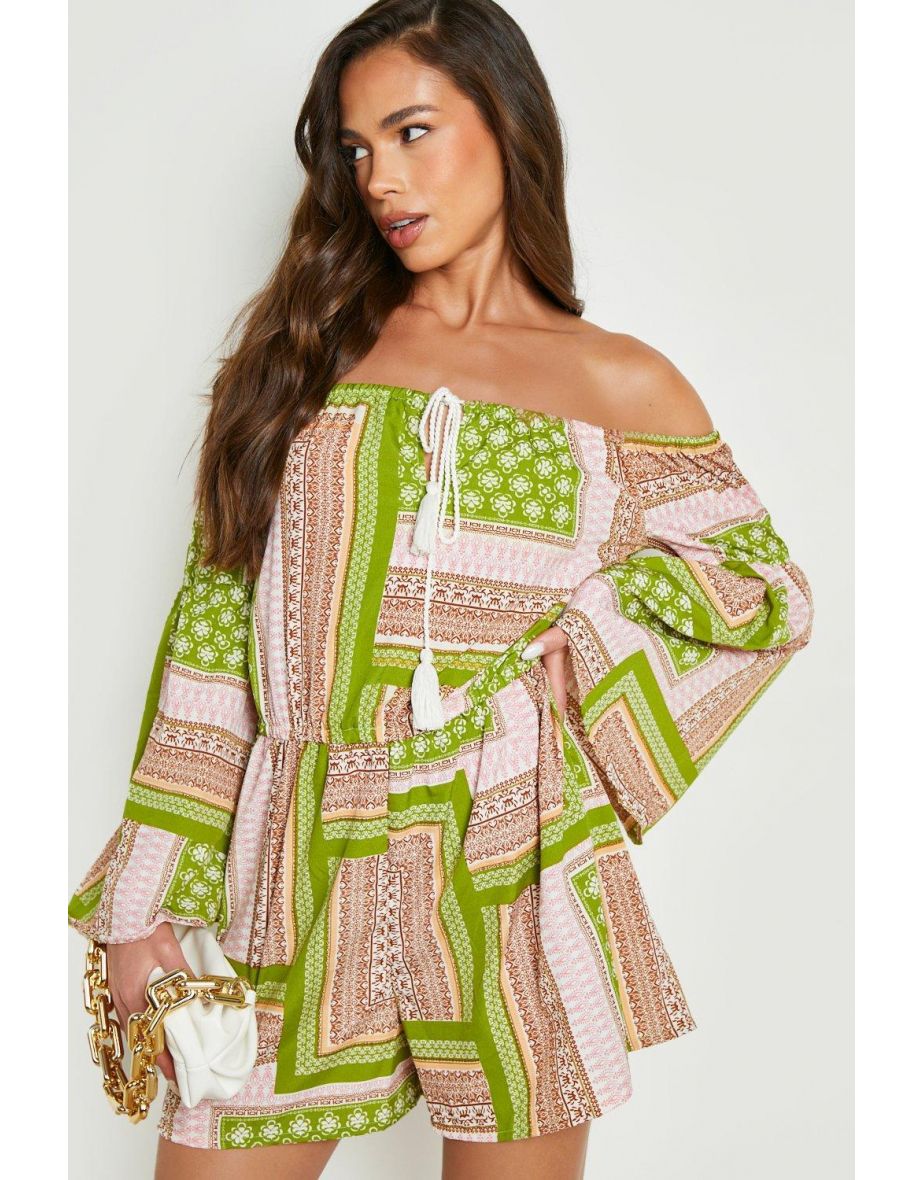 Scarf Print Bardot Flare Sleeve Playsuit - green - 3