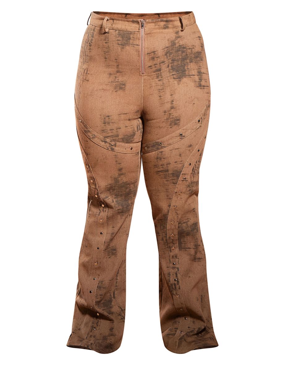Plus Brown Acid Wash Studded Detail Flare Jeans - 4
