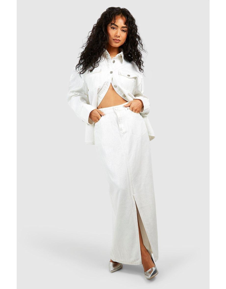 Metallic Coated Split Front Denim Maxi Skirt