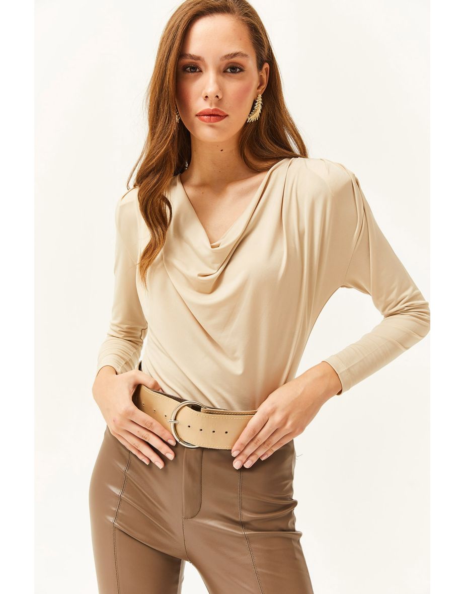 Women's Stone Waistband Pleated Roll Up Collar Blouse