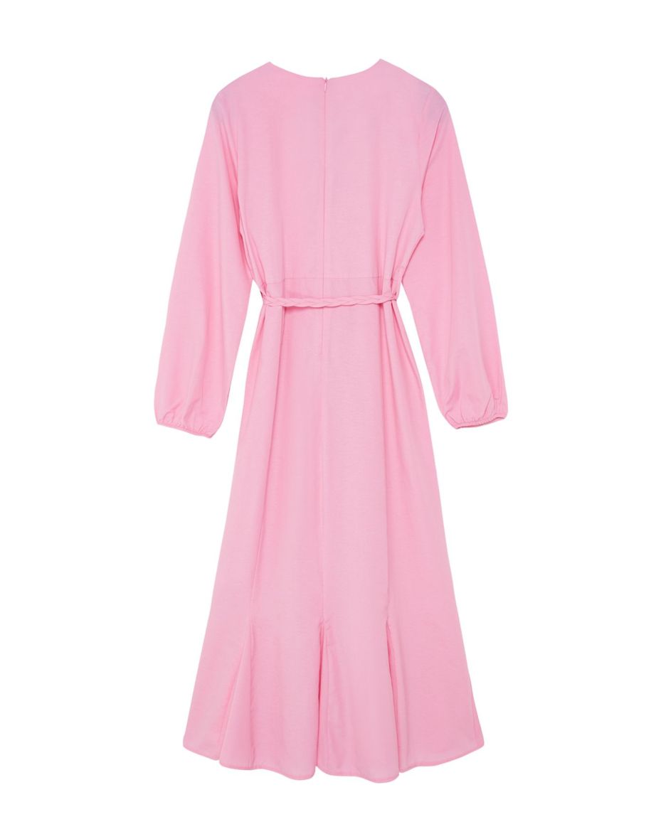 Pink Belted Woven Cotton Dress - 6