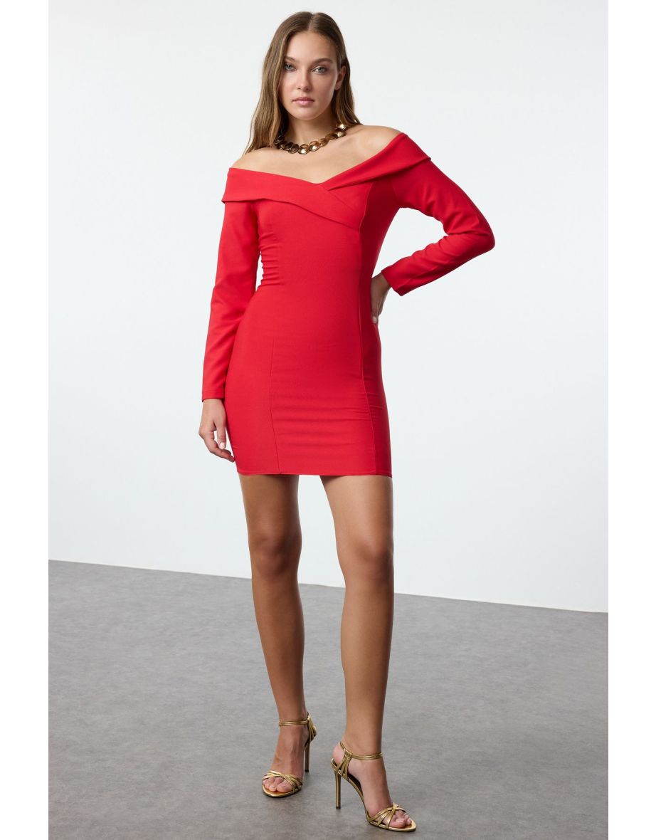 Red Body-Sit Carmen Collar Woven Short Dress