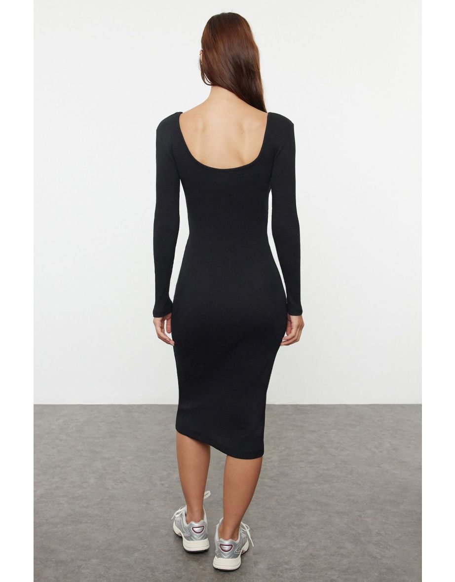 Black Backless Fitted Flexible Midi Knitted Dress - 4