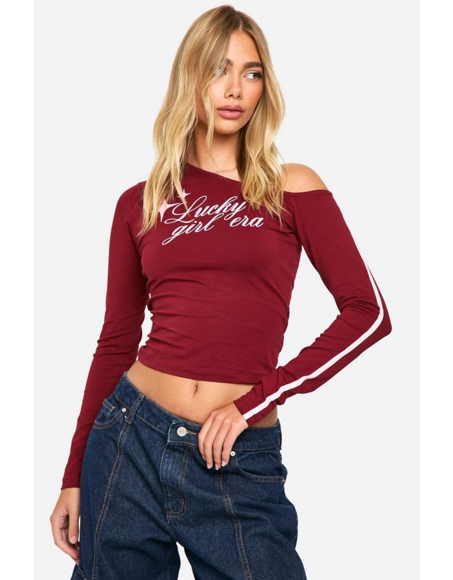 OFF SHOULDER STRIPE SLEEVE TOP WITH PRINT - burgundy - 3