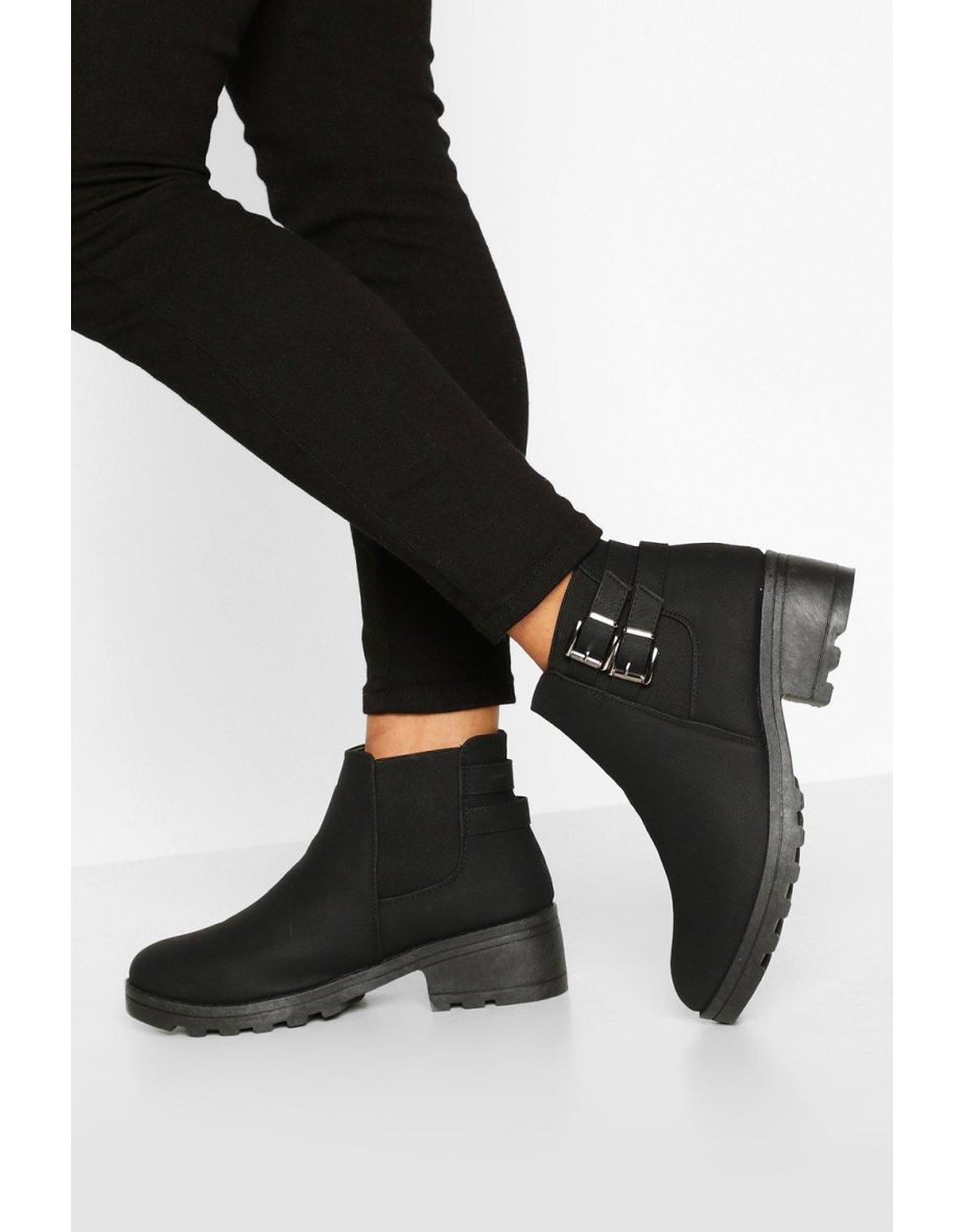 Wide Fit Buckle Detail Block Heel Chelsea Boots - black