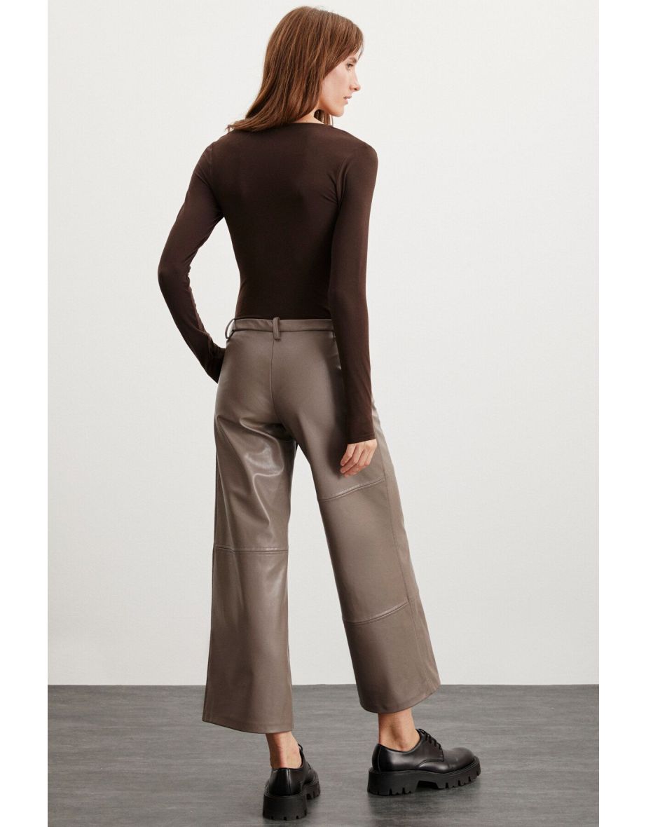 Valeri Women's Stretchy Polyester Fabric Top Double Layered Brown Bodysuit - 3
