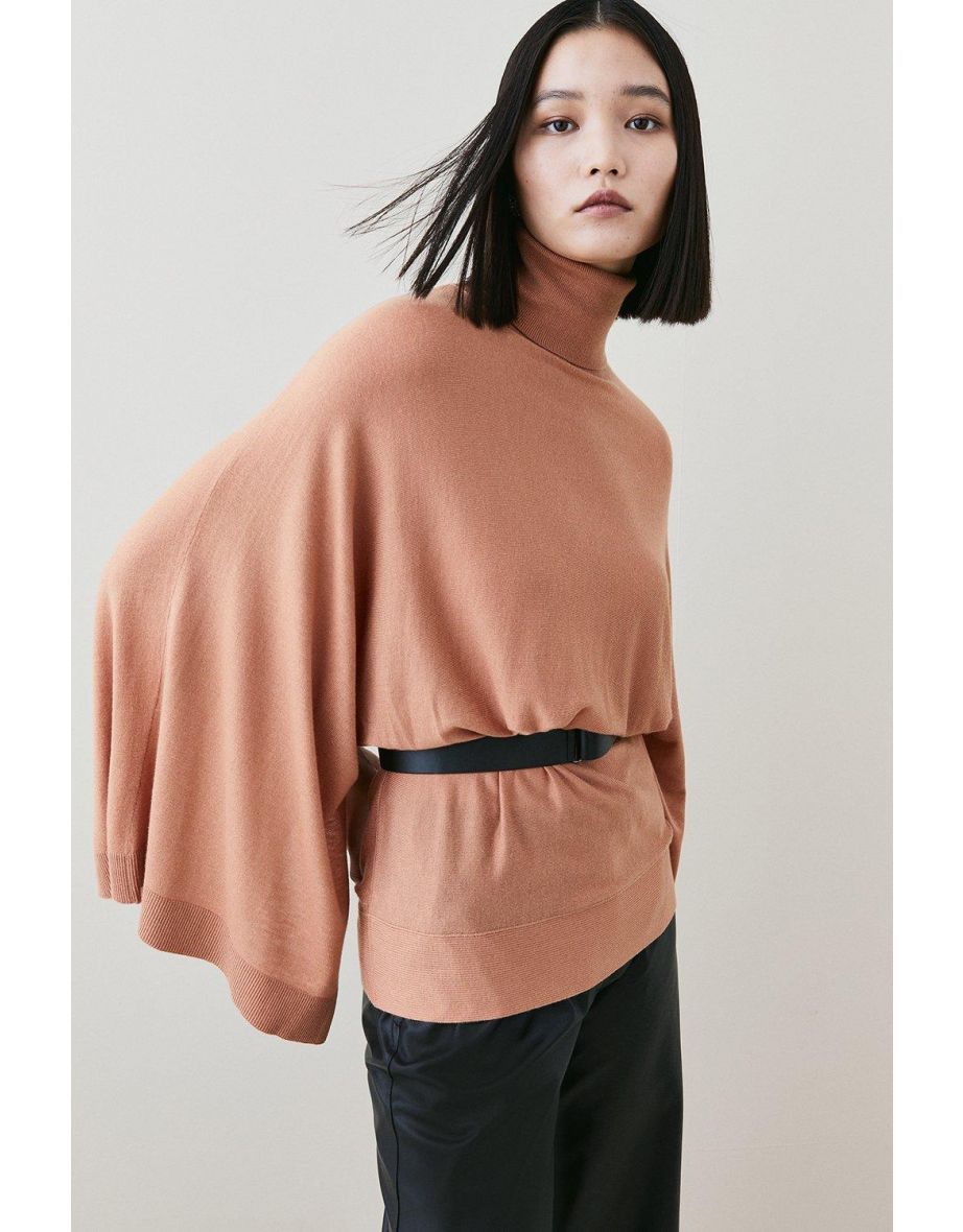 Belted Cashmere Blend Drape Sleeve Jumper