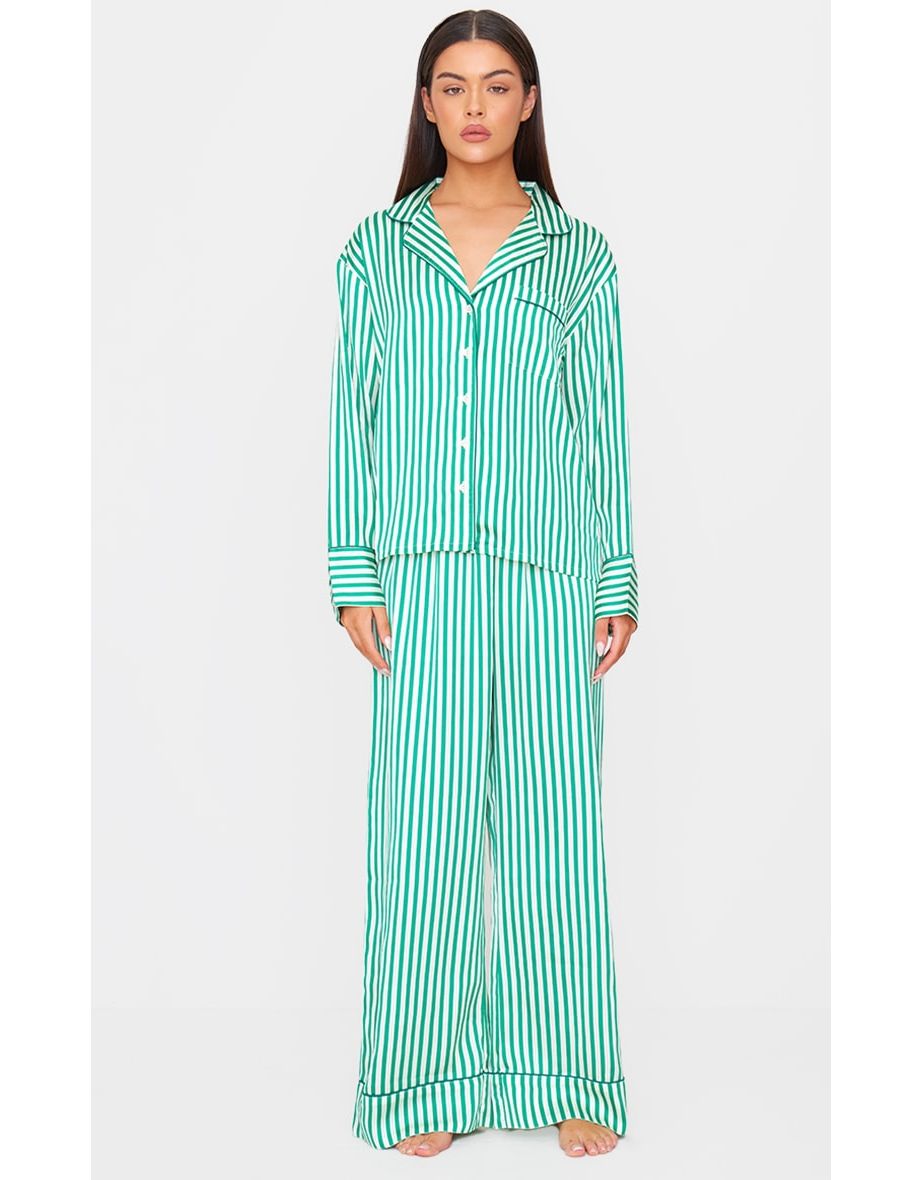 Green Candy Stripe Satin Long Pj Set