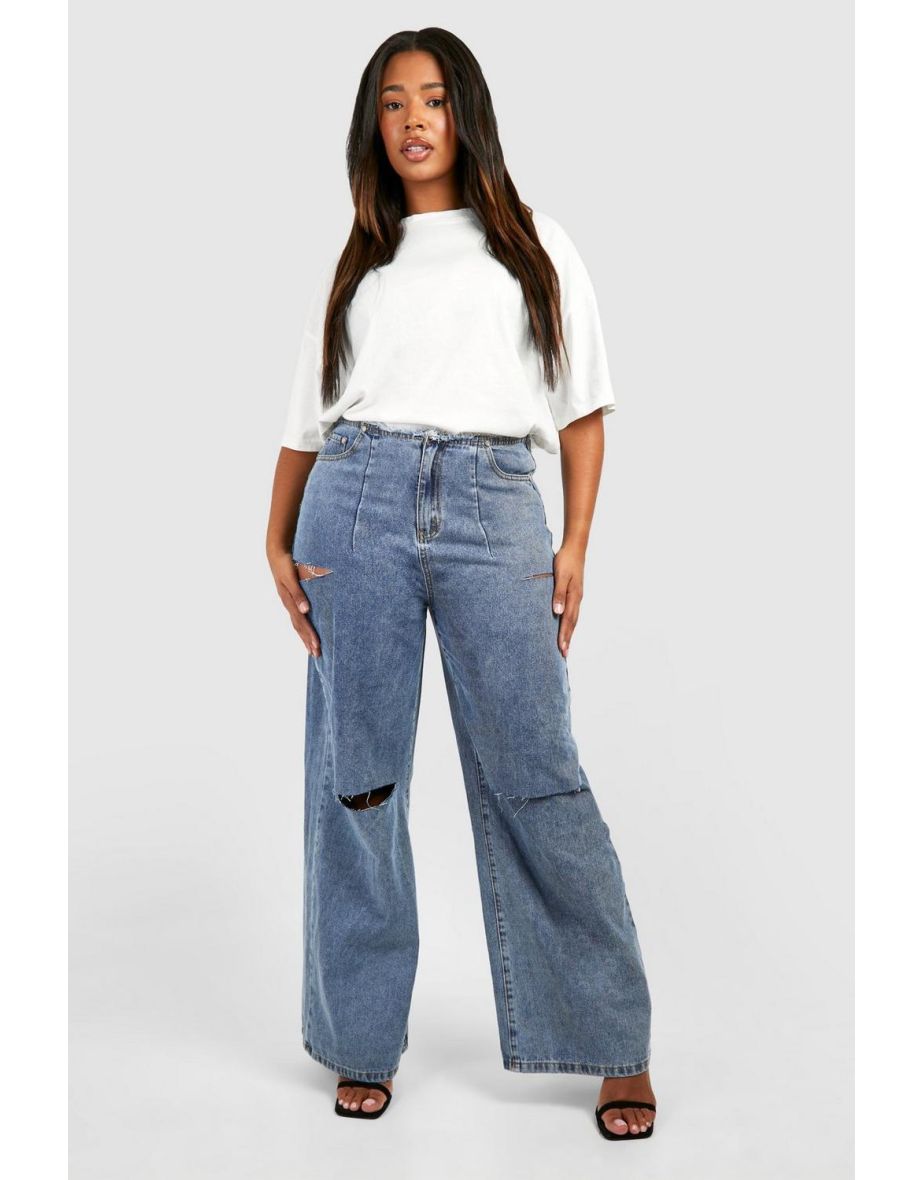 Plus Thigh Ripped Leg Jeans - vintage wash