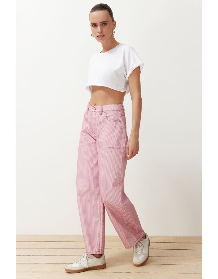 Pink Striped High Waist Barrel Jeans