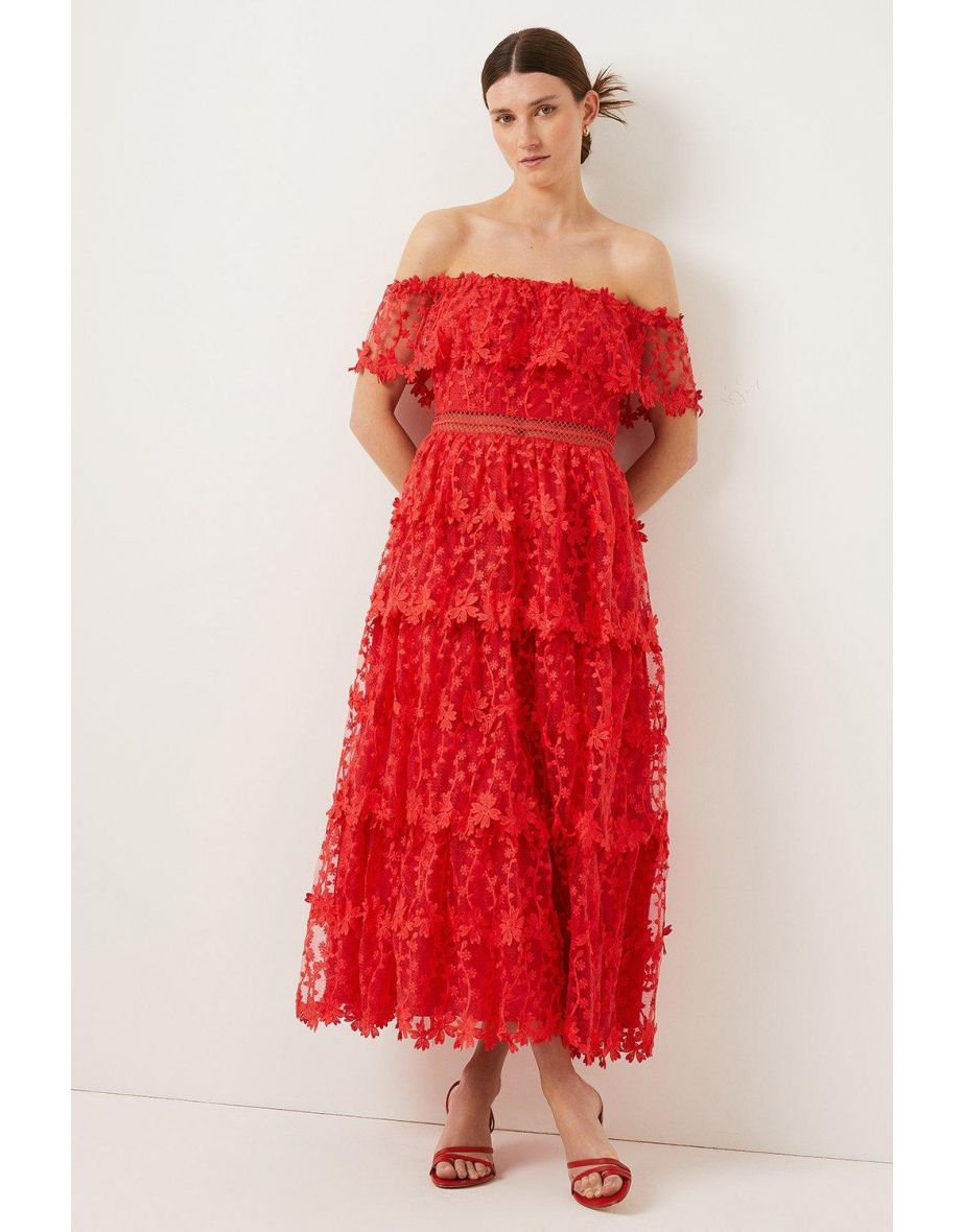 Oasis red 2025 lace bardot dress