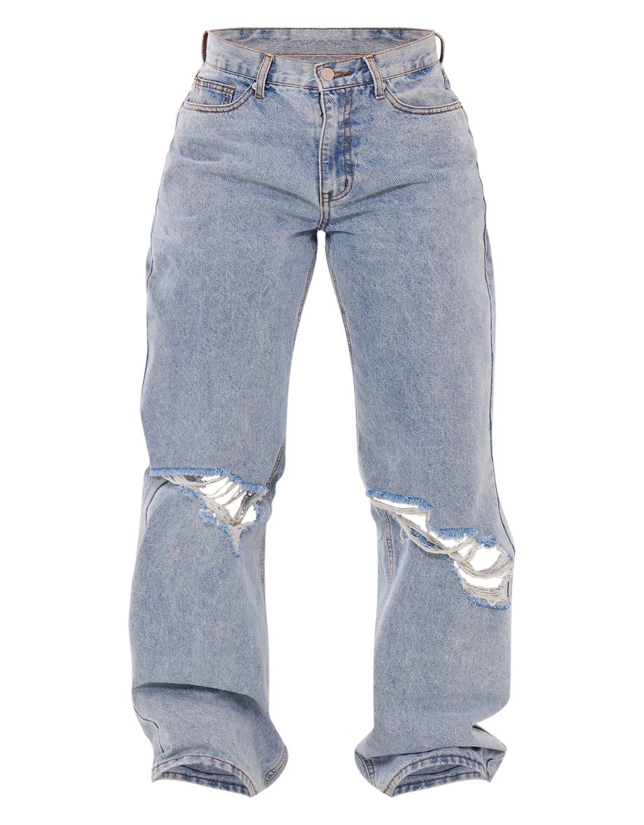 Light Blue Wash Baggy Wide Leg Ripped Jeans - 4