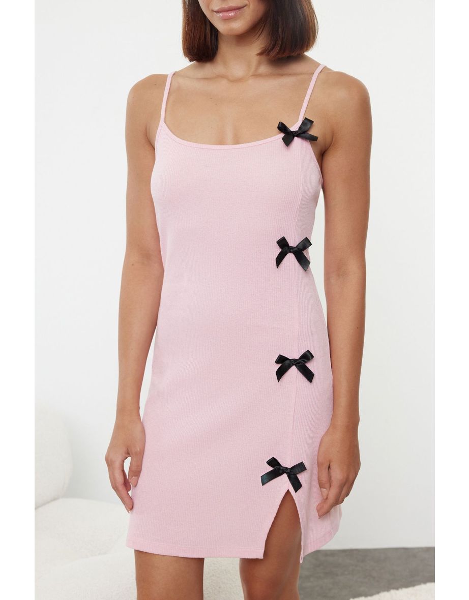 Powder Ribbon/Bow and Slit Detailed Rope Strap Ribbed Knitted Nightgown - 4