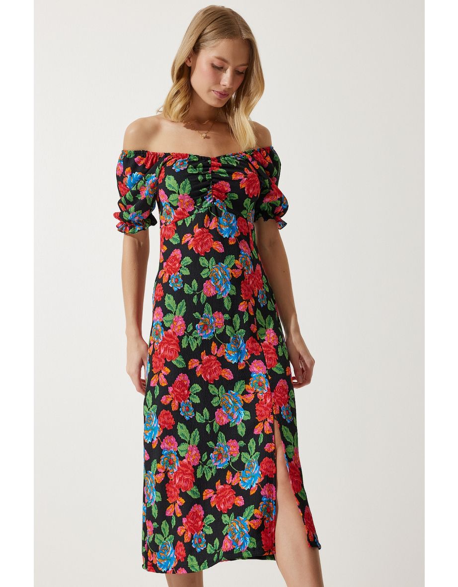 Women's Red Elastic Carmen Collar Summer Viscose Dress