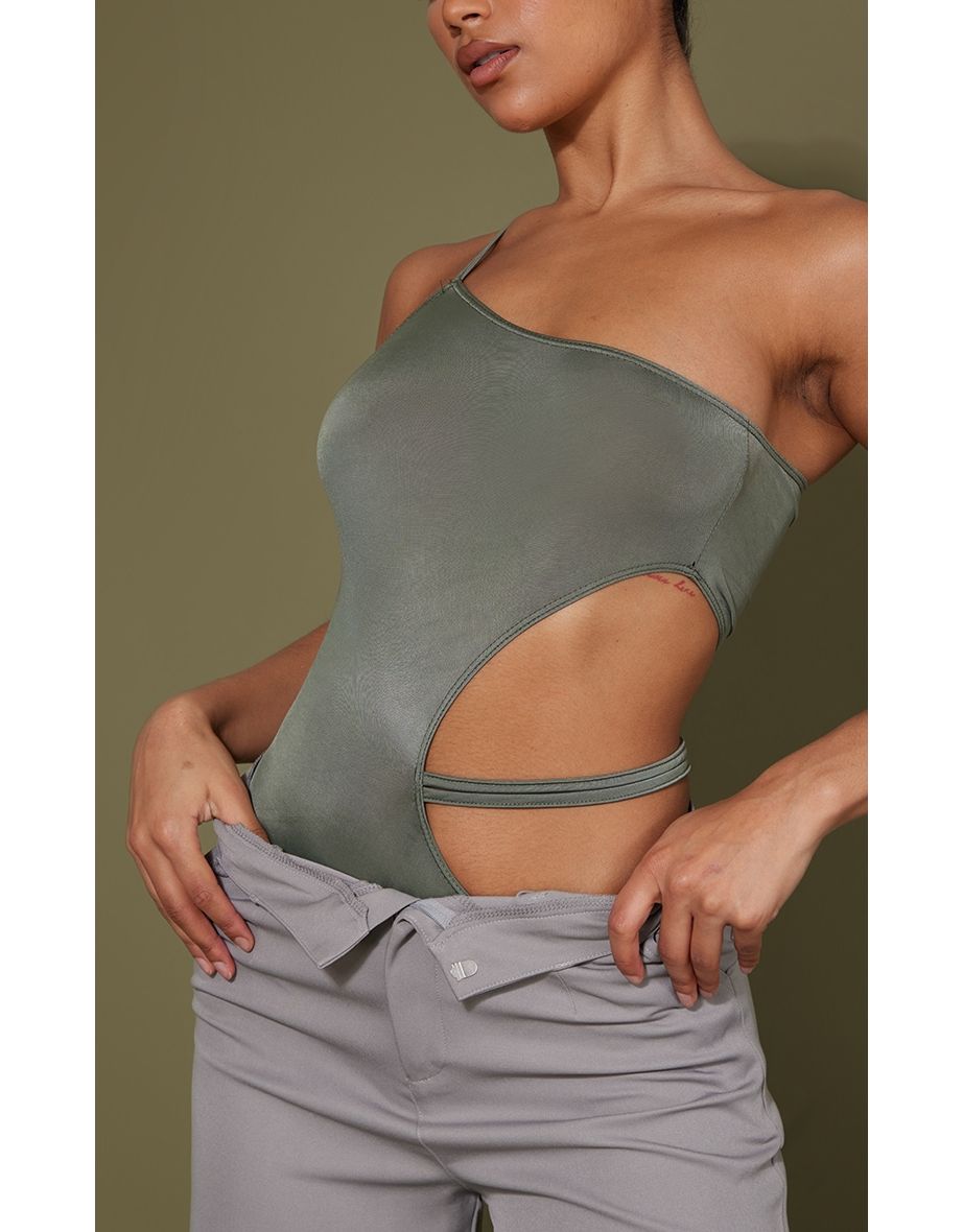 Khaki Slinky One Shoulder Cut Out Side Bodysuit - 3