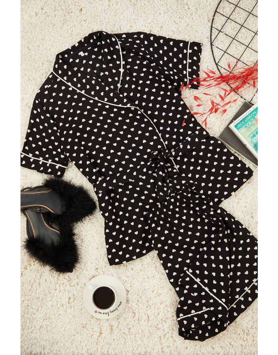 Black Patterned Belted Piping Detailed Viscose Shirt-Shorts Woven Pajama Set - 5