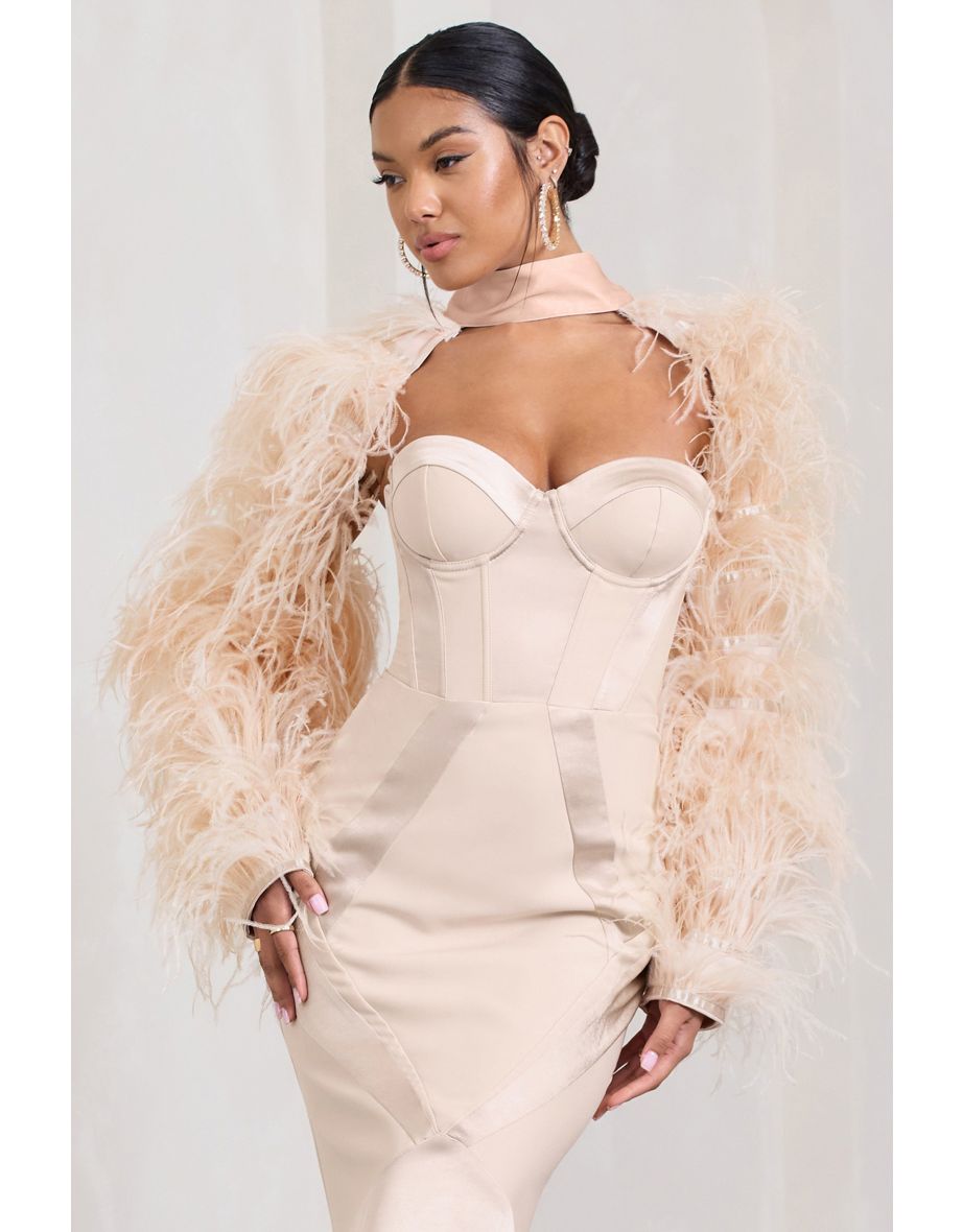 Wild | Champagne Satin Jacket With Long Feather Sleeves - 4