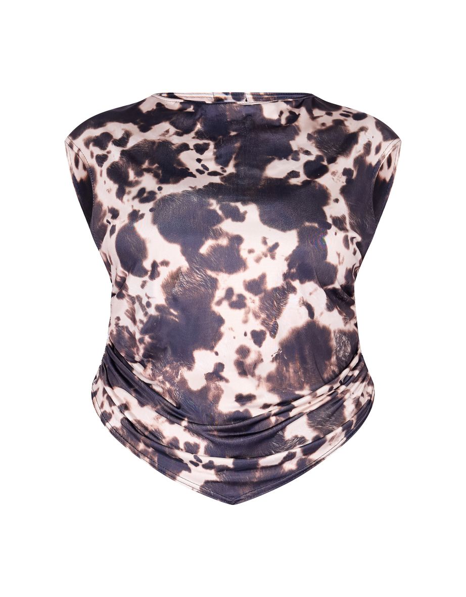 Plus Brown Slash Neckline Cow Print Top - 2