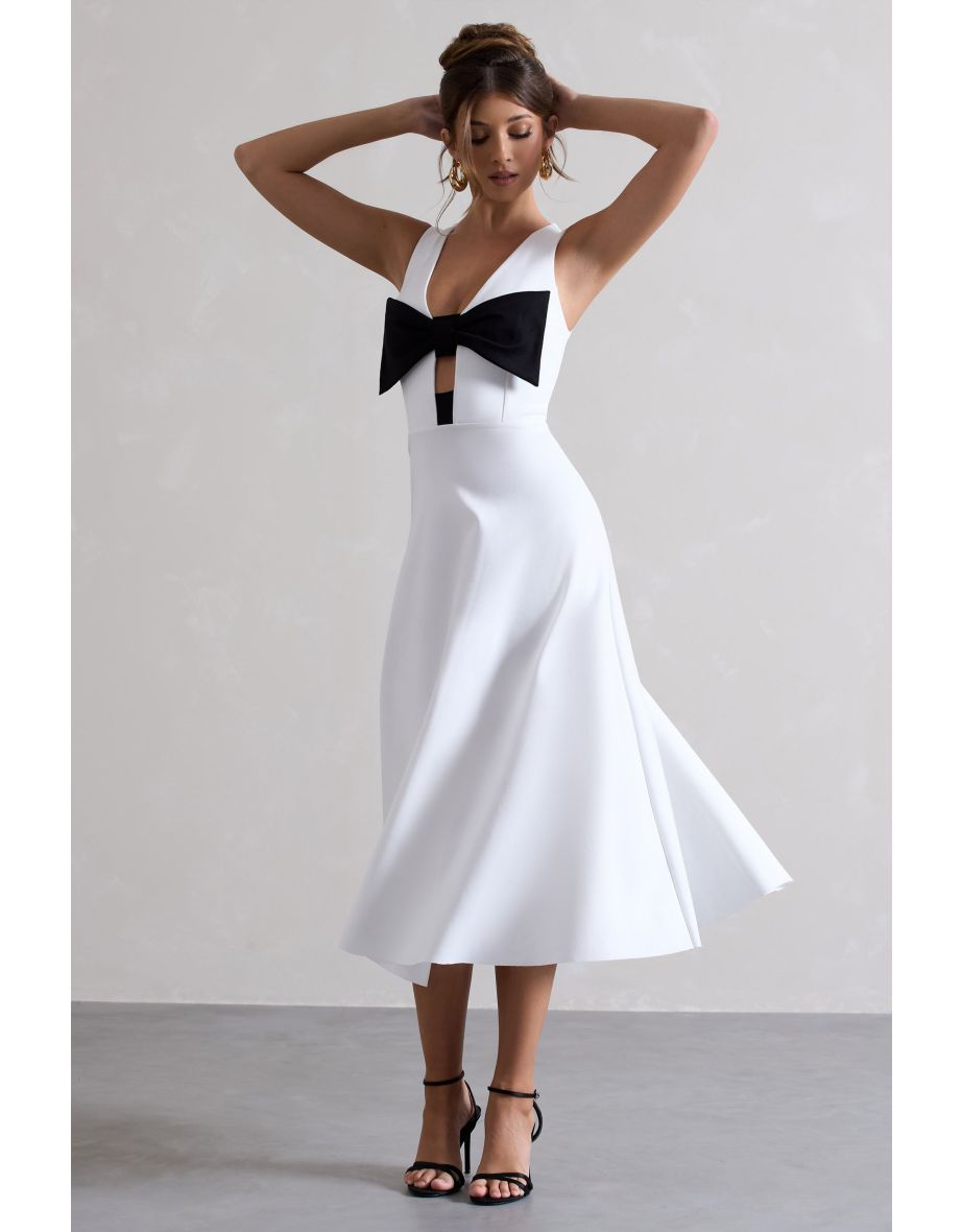 Primrose | White Plunge-Neck Dress With Black Bow