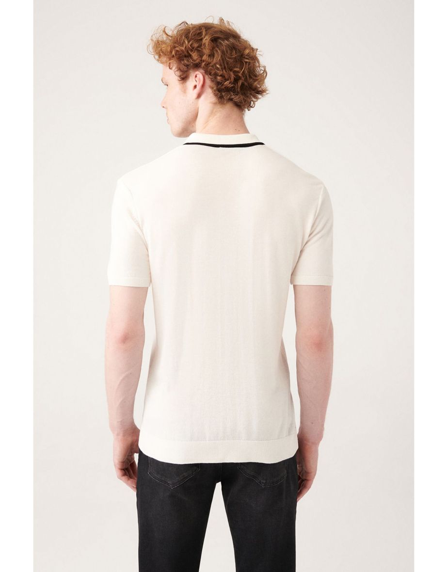 Men's White Buttonless Polo Collar with Stripe Detail and Ribbed Standard Fit Normal Cut Knitwear T-shirt A - 3