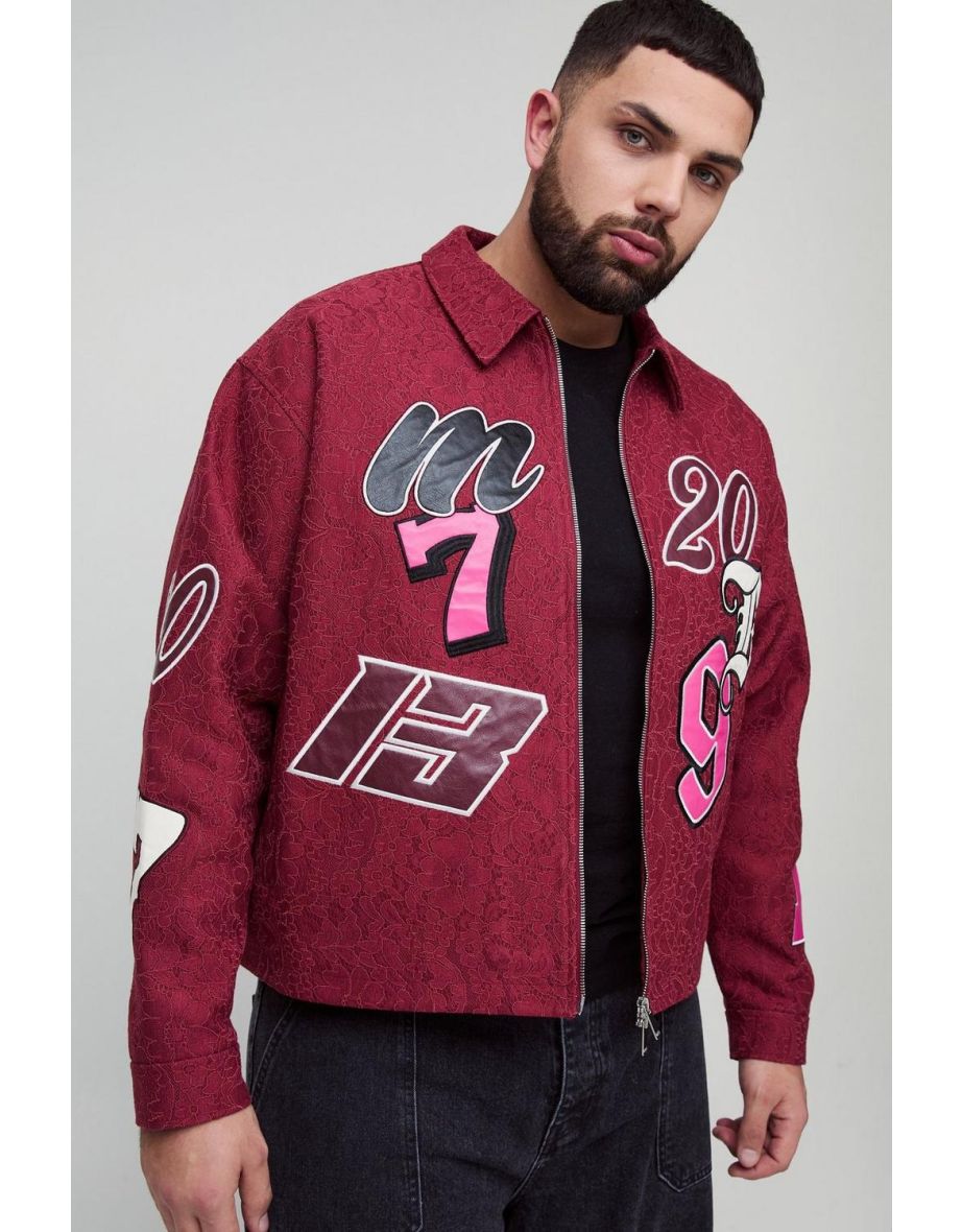 Plus Boxy Oversized Lace All Over Applique Harrington Jacket - burgundy