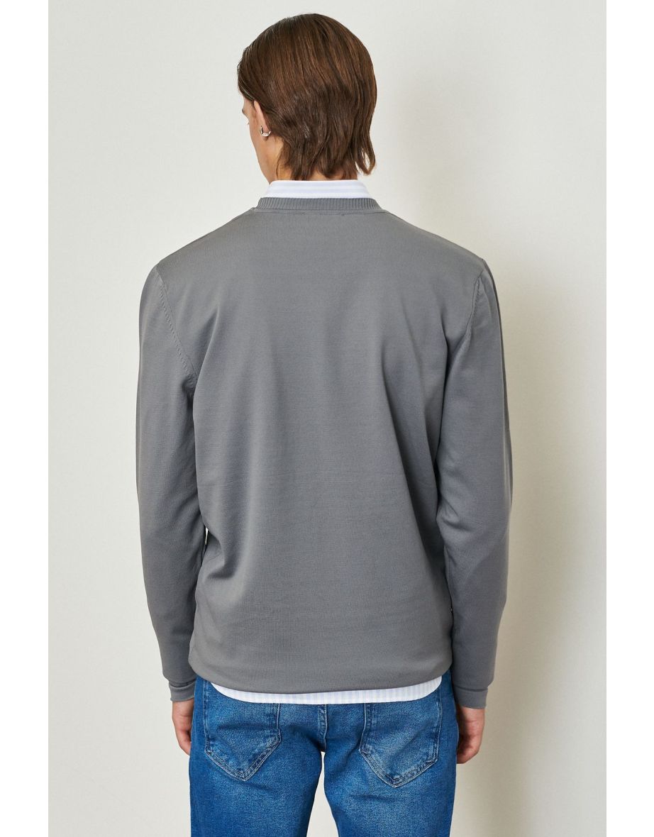 Men's Gray Standard Fit Normal Cut Bicycle Neck Knitwear Sweater - 4
