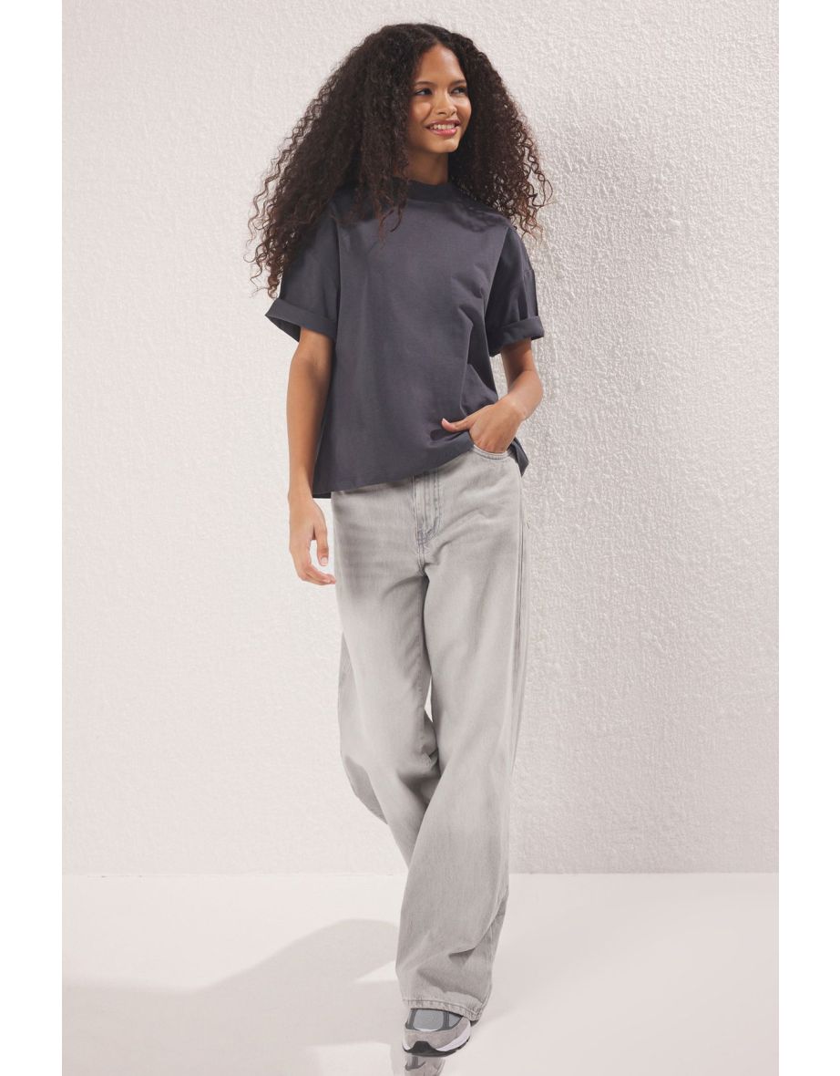Anthracite 100% Cotton Stand Collar Three Quarter Sleeve Knitted T-Shirt