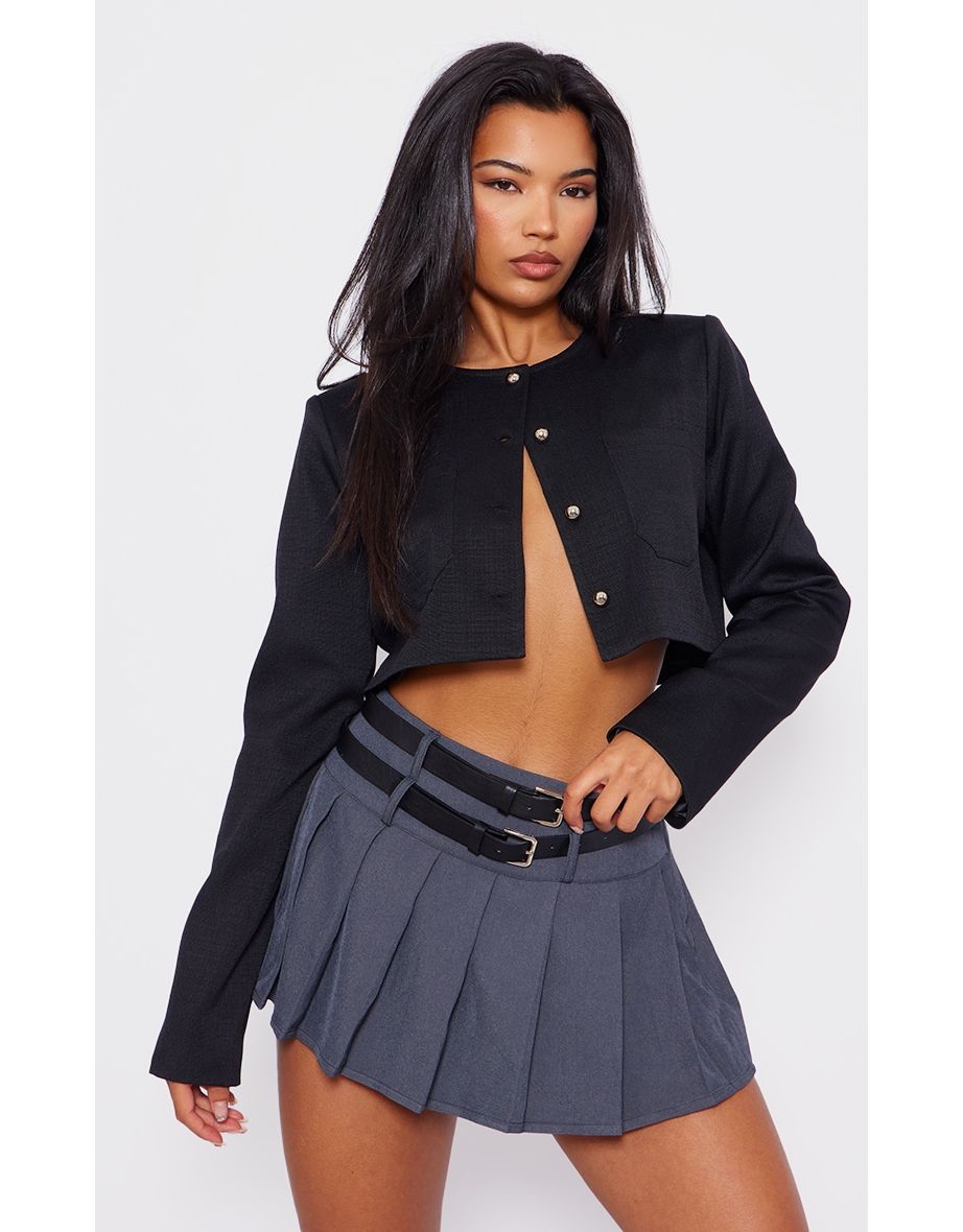 Black Textured Tailored Cropped Jacket