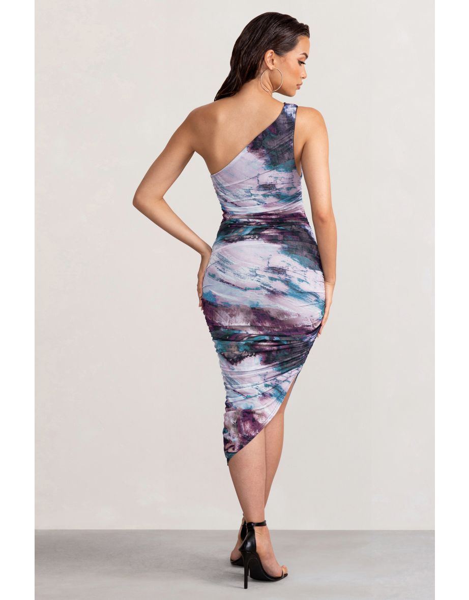 Late Night | Multi Printed Asymmetric One Shoulder Ruched Midi Dress - 4