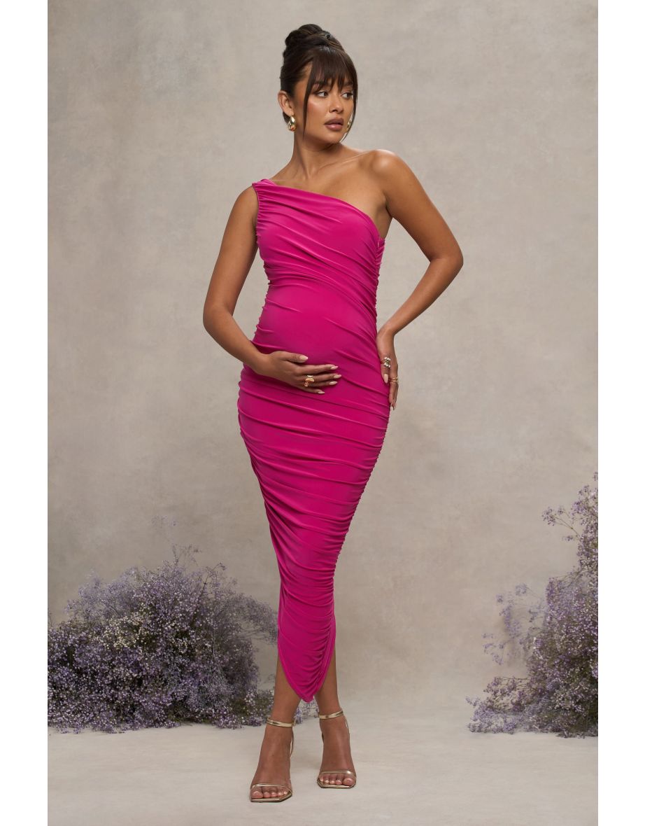 Late Night | Hot Pink Maternity Ruched One Shoulder Midi Dress